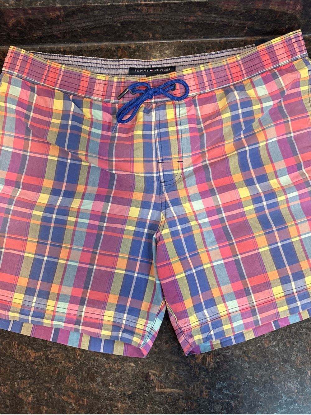 Tommy Hilfiger Men’s Multicolor Plaid Swim Shorts — Blue & Pink